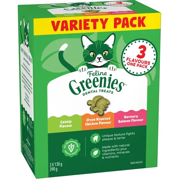 Greenies Feline Variety Pack Catnip Chicken and Salmon Dental Treats 3 x 130g