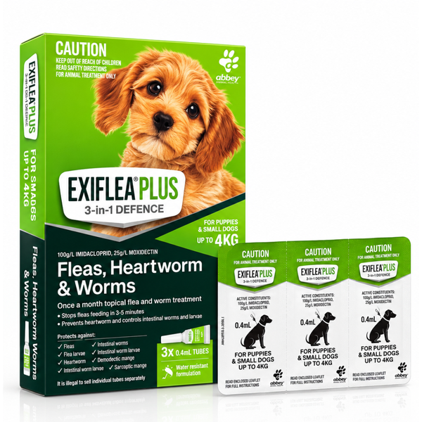 ExiFlea Plus Puppies and Small Dogs Up to 4kg Flea, Heartworm and Worm Treatment Green 3 Pack