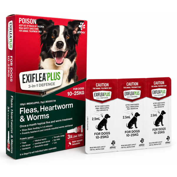 ExiFlea Plus Medium Dogs 10-25kg Flea Heartworm and Worm Treatment Red 3 Pack