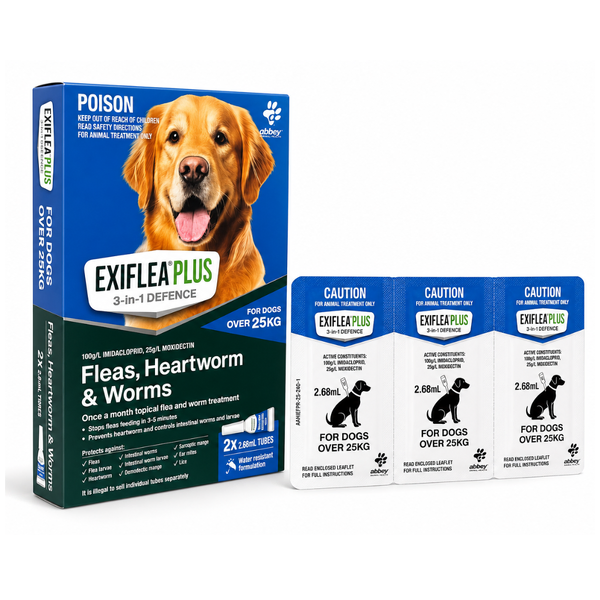 ExiFlea Plus Large Dogs Over 25kg Flea Heartworm and Worm Treatment Dark Blue 2 Pack