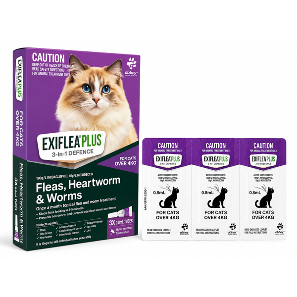 ExiFlea Plus Cats Over 4kg Flea Heartworm and Worm Treatment Purple 3 Pack