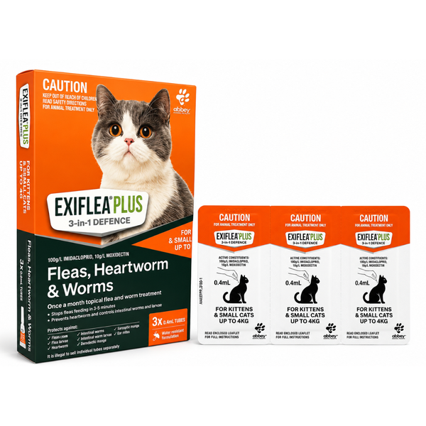 ExiFlea Plus Kittens and Small Cats Up to 4kg Flea Heartworm and Worm Treatment Orange 3 Pack