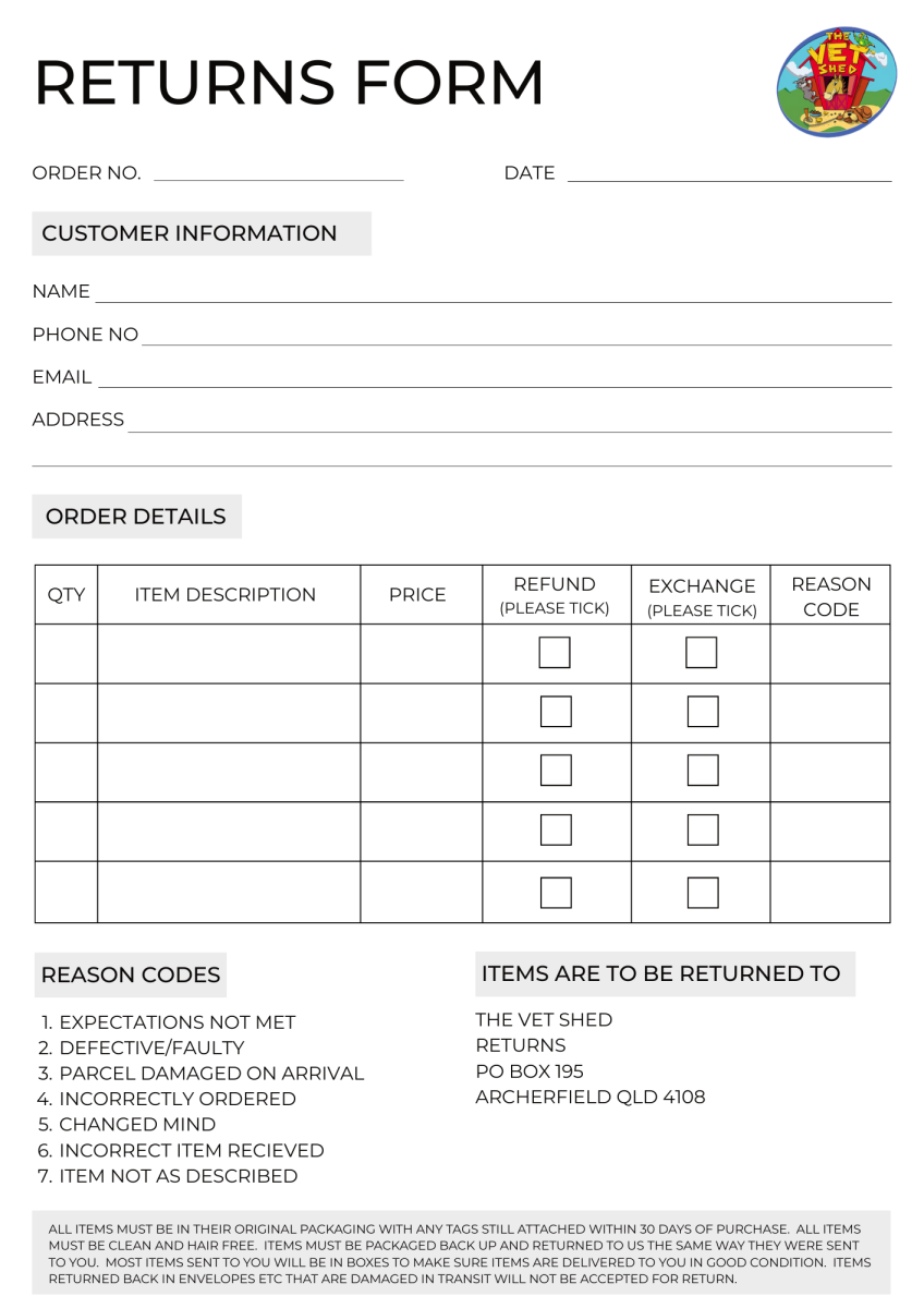 Download The Vet Shed Returns Form (PDF)