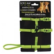Scream Reflective Adj. Nylon Cat/Puppy 1Cm Harness W/Leash Loud Green