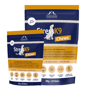 Poseidon StressK9 Chews stressk9,stress k9,stress k-9,poseidon stress chews,dog calming chews,dog anxiety chews,calm dog supplement,dog mood support,dog stress treat,canine anxiety relief,dog stress relief,dog behavior supplement,dog gut brain,stress dog chews,calming treats for