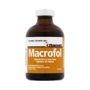Ranvet Macrofol Injection 50mL vitamin b12 injection, vit b12 injection, b12 folic acid injection, vitamin b12 horse injection, vitamin b12 for horses, racehorse vitamin injection, endurance horse supplement, equine vitamin injection, red cell booster horses, blood builder injection, f