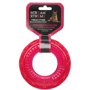 Scream Xtreme Treat Tyre Loud Pink - Xl 17X5Cm Scream Xtreme dog toy, tough chew toy for dogs, treat tyre dog toy, floating dog toy, durable chew toy, dog toy vanilla scented, BPA free dog toy, dog toys Australia