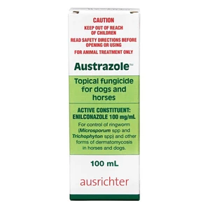 Austrazole Topical Fungicide 100mL austrazole, enilconazole fungicide, ringworm treatment horses, ringworm treatment dogs, horse fungal skin treatment, dog antifungal spray, topical fungicide horses, topical antifungal dogs, equine ringworm treatment, stable fungal decontamination