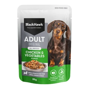 Black Hawk Adult Original Chicken & Vegetables Wet Dog Food 85g x 12 black hawk adult original chicken vegetables, black hawk wet dog food pouch, chicken and vegetable dog food, wet dog food broth, black hawk 85g pouch, small breed dog wet food, grain free dog food australia, dog food topper chicken, complete balanced wet 