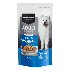 Black Hawk Adult Original Fish & Vegetables Wet Dog Food 140g x 12 black hawk adult original fish vegetables, black hawk wet dog food pouch, fish and vegetable dog food broth, black hawk 140g pouch, medium large breed dog wet food, grain free dog food australia, omega 3 dog food, wet dog food topper, complete balanced we