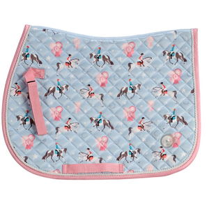Bambino Pony Print Saddle Pad - Pale Blue & Pink pony saddle pad, pony print saddle pad, bambino saddle pad, kids pony gear, pony size saddle pad, quilted saddle pad, children's equestrian gear, saddle pad for ponies, girth strap saddle pad, pony tack, pony riding accessories, pony gear for kids