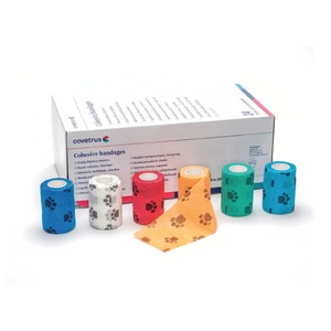 Covetrus Cohesive Paw Print Bandage Assorted Colours 7.5cm x 4.5m - Box of 24 covetrus cohesive paw print bandage, cohesive bandage vet australia, paw print vet bandage, self adhering bandage 7.5cm, cohesive bandage box 24 pack, vet wrap bandage assorted colours, cohesive bandage australia