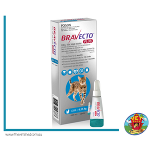 Bravecto Plus for Medium Cats (>2.8-6.25kg) Blue x 1 pack , for 2 months full protection from Ticks, fleas, heartworm, worms and ear mites