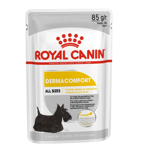 Royal Canin Dermacomfort Loaf Wet Dog Food 12 x 85g Royal Canin Dermacomfort wet dog food, Dermacomfort loaf, dog food for itchy skin, sensitive skin wet dog food, Royal Canin loaf 85g, omega 3 dog food, Royal Canin skin and coat support, wet food for dogs with allergies