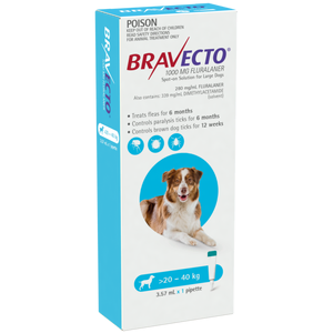 Bravecto Large Dogs  20 - 40kg Single dose SPOT ON for flea and Tick control