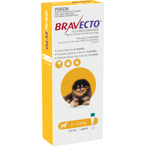 Bravecto SPOT ON for Xsmall Dogs 2- 4.5kg Single dose flea and Tick control 
