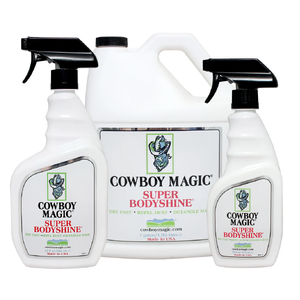 Cowboy Magic Super Body Shine show shine spray, horse coat shine, dust repellent grooming spray, finishing spray for horses, equine grooming products, pet shine spray, quick-dry coat spray, show ring conditioner, livestock grooming spray, high gloss detangler