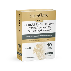 CuraVet Manuka Gauze Heavy 10cm x 12.5cm - Box of 10 curavet manuka gauze, manuka honey gauze 550 mgo, sterile honey dressing 10x12.5cm, heavy exudate wound pad, nz manuka wound dressing veterinary, honey impregnated absorbent pad, curavet 100% manuka dressing, veterinary honey gauze pad