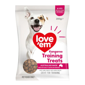 Love 'Em Kangaroo Mini Treats 200g Love’em Kangaroo Training Treats, kangaroo dog treats Australia, natural dog training treats, soft dog training treats, Australian kangaroo dog treats, healthy dog rewards, no artificial additives dog treats, puppy training treats, bite-sized dog treats
