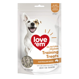 Love 'Em Chicken Training Treats 200g Love Em Chicken Training Treats, chicken dog treats Australia, natural dog training treats, soft dog treats, Australian made dog treats, healthy training rewards, no artificial colours dog treats, puppy training treats, bite-sized dog treats