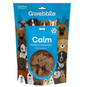 Gwebble Calm Dog Treats - Chicken and Chamomile calming ingredients for dogs, chamomile for dogs, magnesium for dogs, natural dog calming treats, anxiety relief for dogs, dog digestive health, anti-inflammatory dog supplements, dog skin health, natural dog supplements, calm dog naturally