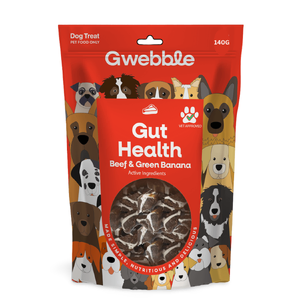 Gwebble Gut Health Dog Treats - Beef and Green Banana  dog gut health treats, Gwebble dog treats, beef dog treats, green banana dog treats, probiotic dog treats, natural dog treats for digestion, dog digestive health supplements, healthy dog treats, Australian beef dog treats, calming dog treats