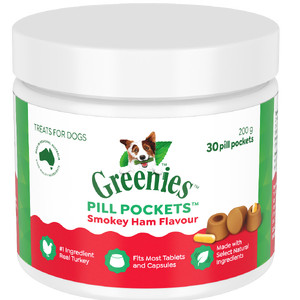 Greenies Pill Pockets Smokey Ham Flavour for Dogs - 30 Pack greenies pill pockets dogs, smokey ham pill pockets, dog medication treat australia, hide pill dog treat, dog pill pocket australia, greenies dog treats, easy dog medication treat australia