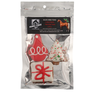 Huds & Toke Christmas Horse Present Mix - 3 Pack Huds and Toke horse treats, Christmas horse treats, festive horse cookies, horse gift ideas, Australian-made horse treats, gourmet equine treats, molasses horse biscuits, holiday horse gift pack, Christmas pony treats, horse stocking stuffers