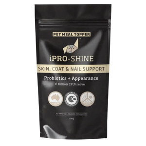 Ipromea iPRO-SHINE Skin, Coat & Nail Support Pet Meal Topper 100g ipro-shine, ipromea, pet probiotics, dog skin supplement, cat skin supplement, healthy coat, shiny coat, nail health, biotin for pets, probiotic meal topper, skin and coat care, dog probiotic, cat probiotic, pet appearance supplement, omega for pets