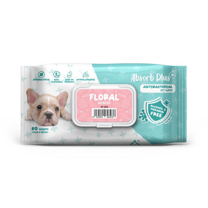 Absorb Plus Antibacterial Dog Wipes Floral 80 sheets 20 x 15cm