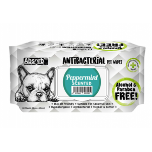 Absorb Plus Antibacterial Dog Wipes Peppermint 80 sheets 20 x 15cm