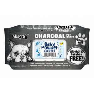 Absorb Plus Charcoal Dog Wipes Baby Powder 80 sheets 20 x 15cm