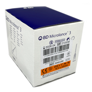 BD PrecisionGlide Hypodermic Needles box of 100 (25g x 1") BD needles, hypodermic needles, sterile needles, stainless steel needles, veterinary needles, syringe needles, needle gauge sizes, BD syringe accessories