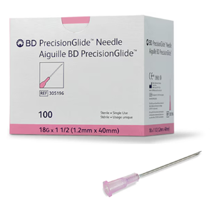 BD PrecisionGlide Hypodermic Needles box of 100 (18G X 1 1/2") BD needles, hypodermic needles, sterile needles, stainless steel needles, veterinary needles, syringe needles, needle gauge sizes, BD syringe accessories