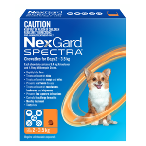 NexGard Spectra Chewable Tablets for XSmall Dogs 2 - 3.5kg (Orange) NexGard Spectra Orange, extra-small dog parasite protection, dog flea and tick treatment, monthly dog worm prevention, NexGard Spectra chew, heartworm prevention dogs, internal and external parasite control, 2–3.5 kg dog parasite protection