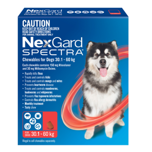 NexGard Spectra Chewable Tablets for XLarge Dogs 30.1 - 60kg (Red) NexGard Spectra Red, XLarge dog parasite protection, dog flea and tick treatment, monthly dog worm prevention, NexGard Spectra chew, heartworm prevention dogs, internal and external parasite control, 30–60 kg dog parasite protection
