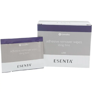 Esenta Sting Free Adhesive Remover Wipes - Pack of 30 Esenta adhesive remover, sting-free adhesive wipes, ConvaTec skin barrier wipes, ostomy adhesive remover, non-sting medical wipes, gentle adhesive remover
