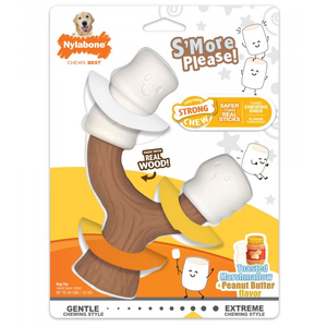 Nylabone Power Chew Toasted Marshmallow on Stick Peanut Butter-  Souper dog chew toy, strong chew dog toy, durable dog toy, marshmallow stick dog toy, tough dog toy, real wood chew toy, chew toy for aggressive chewers, safe dog toy, healthy chewing toy, interactive dog toy