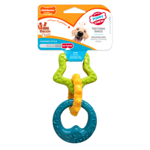 Nylabone Puppy Teething Rings Regular Bacon Nylabone Puppy Teething Rings, puppy chew toy bacon, durable puppy teether, strong chewer puppy toy, Nylabone bacon flavour, puppy dental chew, teething puppy chew toy, non-destructive chewing toy, dental texture puppy toy