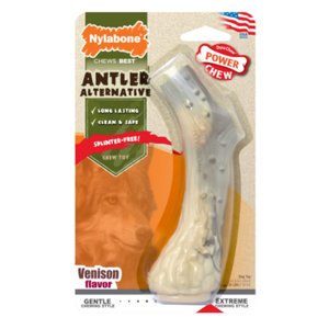 Nylabone Power Chew Antler Alternative Venison Medium antler alternative dog chew, power chew dog toy, durable nylon chew toy, venison dog toy, chew toy for aggressive chewers, safe dog chew, medium dog chew toy, USA made dog toy, tartar control dog toy, splinter free chew