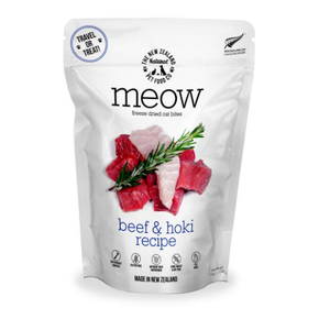 Meow Freeze Dried Cat Food - Beef & Hoki Fish 50gm freeze dried cat treats, beef cat treats, hoki cat treats, natural cat treats, grain free cat treats, high protein cat treats, raw cat treats, healthy cat snacks, New Zealand cat treats, Meow cat treats