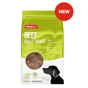 Prime100 Fillet Treats 100g - Beef Fillet Prime100 Fillet Treats, single protein dog treats, hypoallergenic dog treats, air-dried dog treats, Australian dog treats, Prime100 treats 100g, natural dog training treats, limited ingredient dog treats, healthy dog snacks, grain-free dog treats