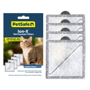 PetSafe Ion-X Pet Fountain Filters – 4pk PetSafe Ion-X filters, pet fountain filters, PetSafe Viva fountain, Outlast fountain filters, carbon water filter for pets, ion-exchange pet filter, PetSafe water fountain replacement filters, dog water fountain filter, cat water fountain filter, clean pe