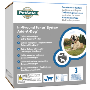 Petsafe Deluxe Ultralight Add-A-Dog Extra Receiver Deluxe Containment Collar PetSafe Add-A-Dog collar, Deluxe Ultralight receiver collar, in-ground fence collar replacement, waterproof dog fence collar, adjustable static dog collar, RFA-67 collar battery, dog fence for multiple dogs, static correction collar, extra dog collar for 