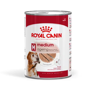 Royal Canin Medium Senior Ageing 7+ Dog Wet Food Cans 12 x 410g Royal Canin Medium Ageing 7+ wet dog food, senior medium dog wet food, wet food for older dogs, soft dog food for seniors, Royal Canin loaf 410g, dog food for dogs over 7, joint support wet food, senior vitality dog food