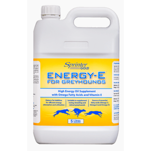 Sprinter Gold Energy-E Oil Sprinter Gold Energy-E, greyhound energy oil, omega oil for greyhounds, racing greyhound supplement, greyhound vitamin E oil, cool energy supplement dogs, omega 3 6 9 greyhound oil