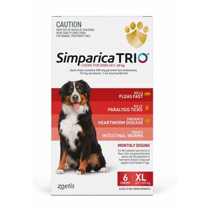 Simparica Trio 6 pack for dogs 40.1-60kg - Flea, Tick and Worming Treatment  *RED*