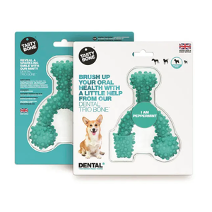Tasty Bone Dental Trio Bone Peppermint  TastyBone dental trio bone, peppermint dog chew toy, dental chew toy for dogs, tough nylon dog bone, dog breath freshener toy, chew toy for dental health, non-splintering chew toy, UK made dog toys, dog toothbrush toy, long-lasting dog chew, peppermint fl