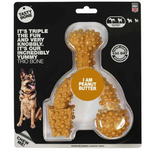 Tasty Bone Super Tough Trio Bone Peanut Butter - Large Dogs  TastyBone peanut butter bone, tough dog chew toy, nylon dog toy, strong chewer dog toy, peanut butter dog chew, durable chew toy for dogs, dental chew toy, peanut butter flavour dog toy, textured nylon bone, safe chew toy, TastyBone Trio Bone, dog toy mad