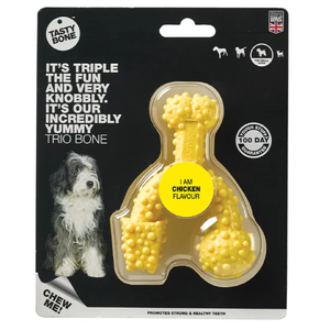 Tasty Bone Super Tough Trio Bone Chicken - Small Dogs TastyBone chicken trio bone, durable dog chew toy, nylon chew toy for dogs, strong chewer dog toy, chicken flavour dog bone, dental dog toy, tough dog toy UK, TastyBone Trio Bone, long-lasting dog chew, chicken chew toy for dogs, safe chew toy, textured d